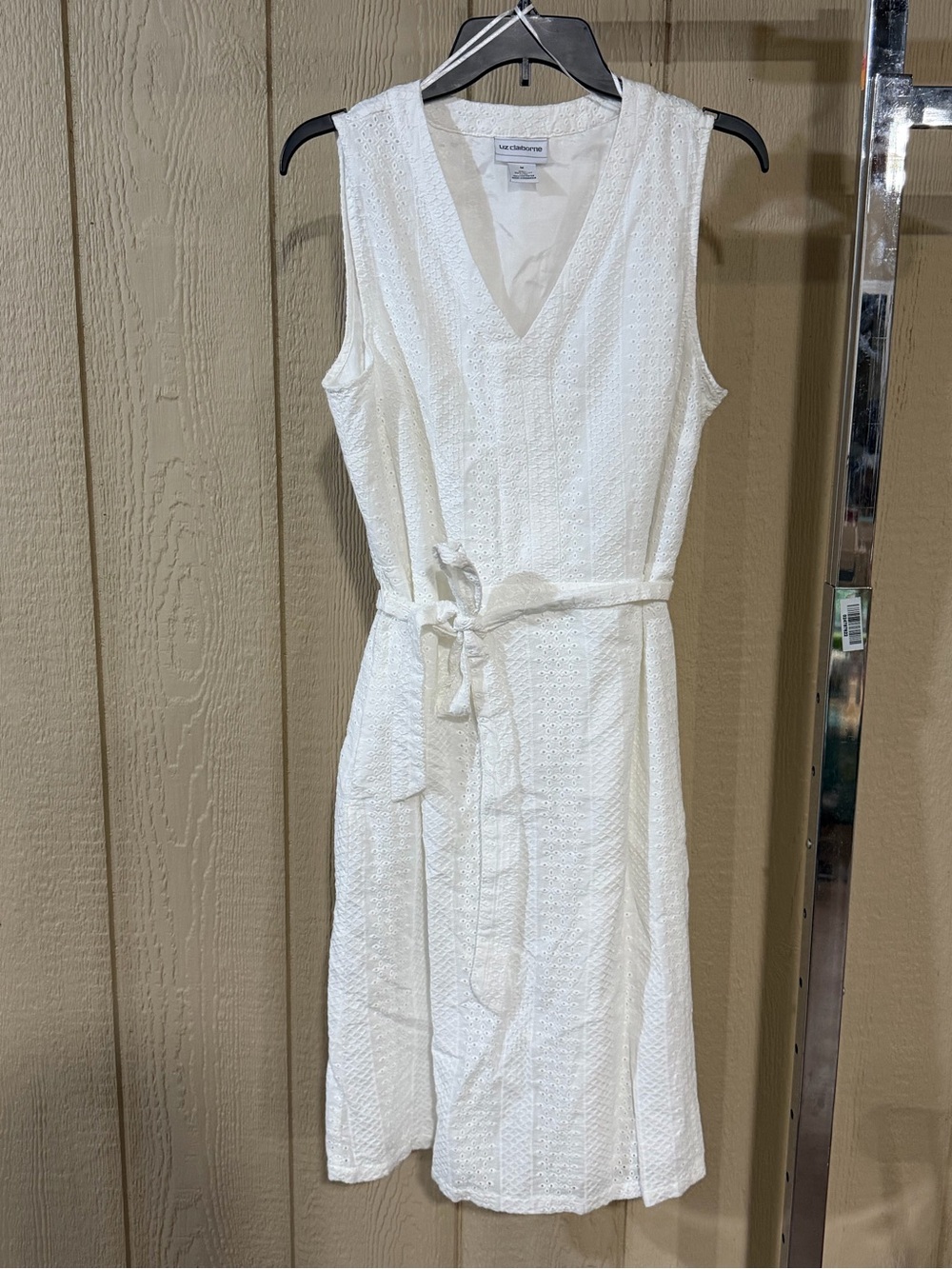 Liz Claiborne White Sleeveless Eyelet Midi Dress with Tie Belt